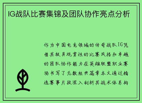 IG战队比赛集锦及团队协作亮点分析