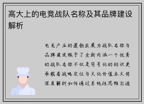 高大上的电竞战队名称及其品牌建设解析